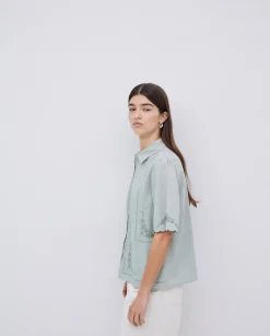 YERSE Camisa algodón bordados gris verdoso Discount