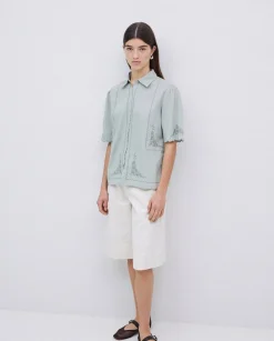 YERSE Camisa algodón bordados gris verdoso Discount