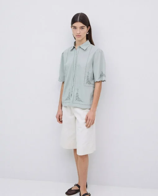 YERSE Camisa algodón bordados gris verdoso Discount