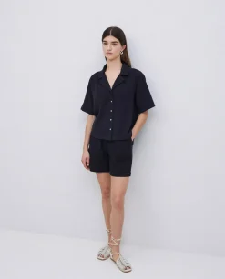 YERSE Camisa bimateria cuello solapa negro Fashion