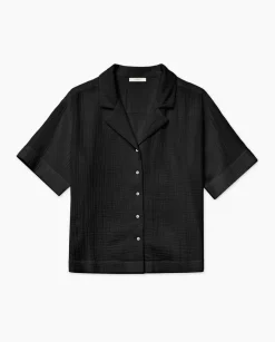 YERSE Camisa bimateria cuello solapa negro Fashion