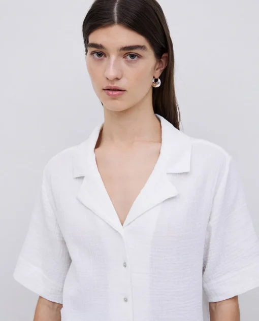 YERSE Camisa bimateria cuello solapa blanco Discount