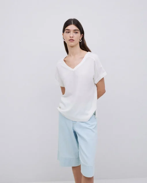 YERSE Camiseta bimateria escote pico crudo Hot