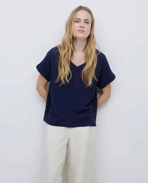 YERSE Camiseta bimateria escote pico azul oscuro Fashion