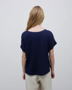 YERSE Camiseta bimateria escote pico azul oscuro Fashion