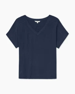 YERSE Camiseta bimateria escote pico azul oscuro Fashion