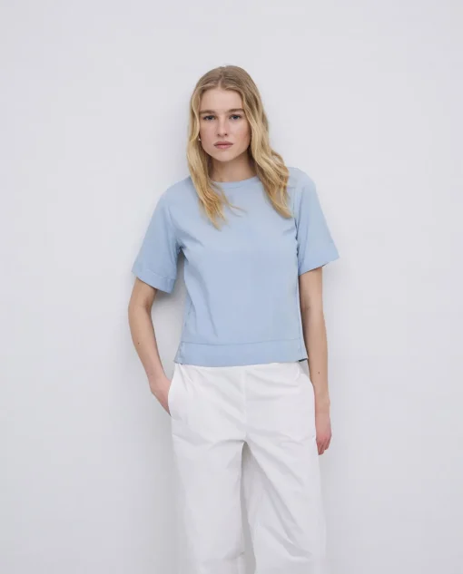 YERSE Camiseta bimateria escote redondo azul grisáceo Discount