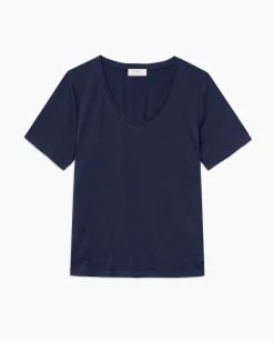 YERSE Camiseta básica cuello pico azul oscuro Online