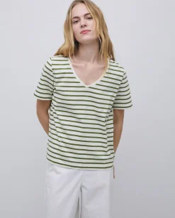 YERSE Camiseta rayas cuello pico verde New