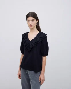 YERSE Camiseta volante con bordado negro Discount