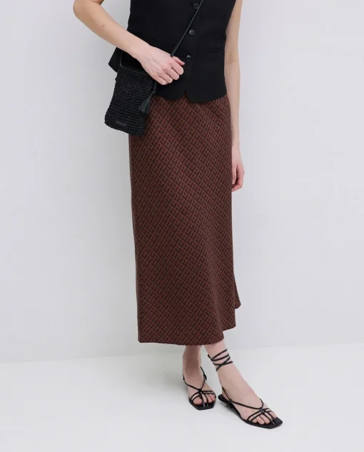 YERSE Falda midi estampado geométrico chocolate Fashion