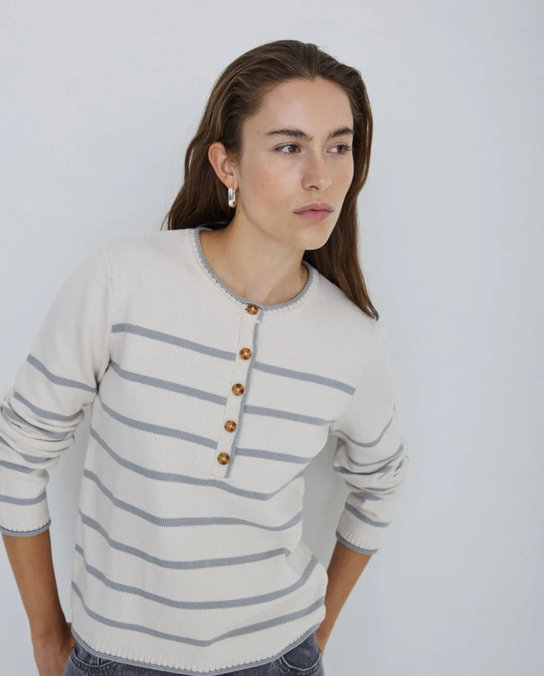 YERSE Jersey algodón orgánico rayas gris Sale