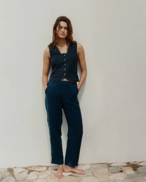 YERSE Pantalones rectos lino azul oscuro Clearance