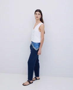 YERSE Pantalones rectos lino azul oscuro Clearance