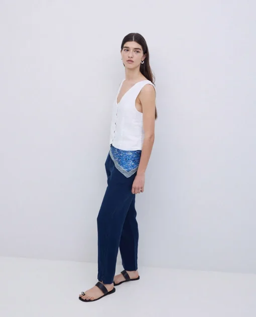YERSE Pantalones rectos lino azul oscuro Clearance