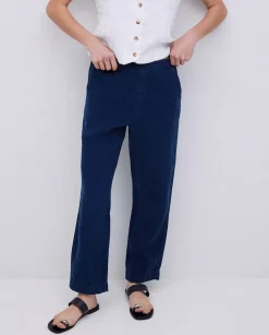 YERSE Pantalones rectos lino azul oscuro Clearance