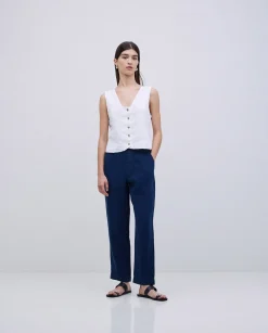 YERSE Pantalones rectos lino azul oscuro Clearance