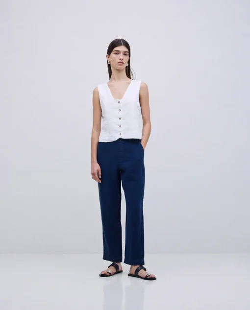 YERSE Pantalones rectos lino azul oscuro Clearance