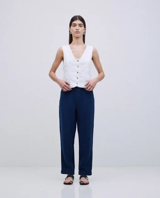 YERSE Pantalones rectos lino azul oscuro Clearance