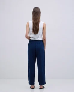 YERSE Pantalones rectos lino azul oscuro Clearance