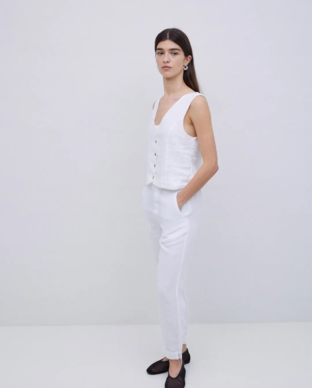 YERSE Pantalones rectos lino blanco Fashion