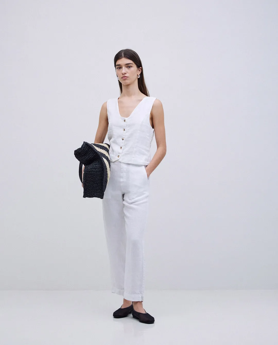 YERSE Pantalones rectos lino blanco Fashion