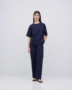 YERSE Pantalones rectos popelín azul oscuro Clearance