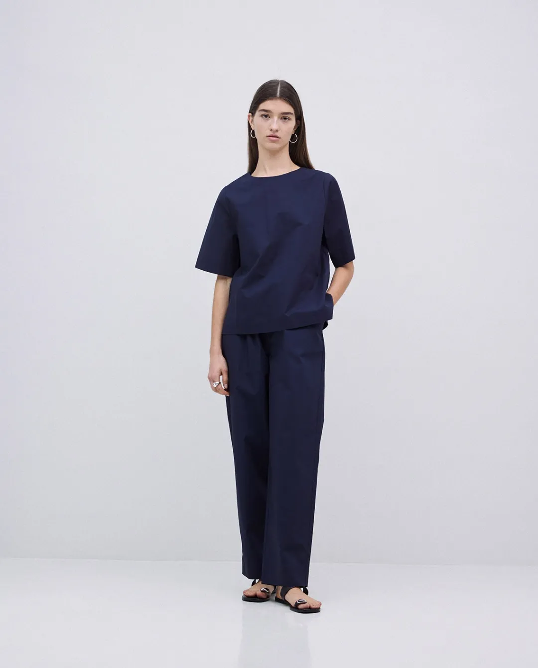 YERSE Pantalones rectos popelín azul oscuro Clearance