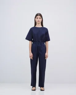 YERSE Pantalones rectos popelín azul oscuro Clearance