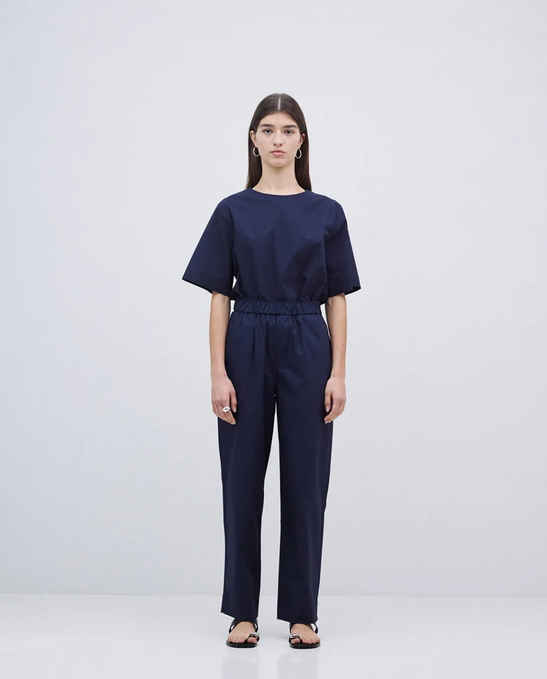 YERSE Pantalones rectos popelín azul oscuro Clearance