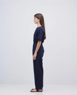 YERSE Pantalones rectos popelín azul oscuro Clearance