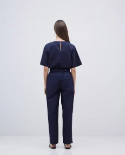 YERSE Pantalones rectos popelín azul oscuro Clearance