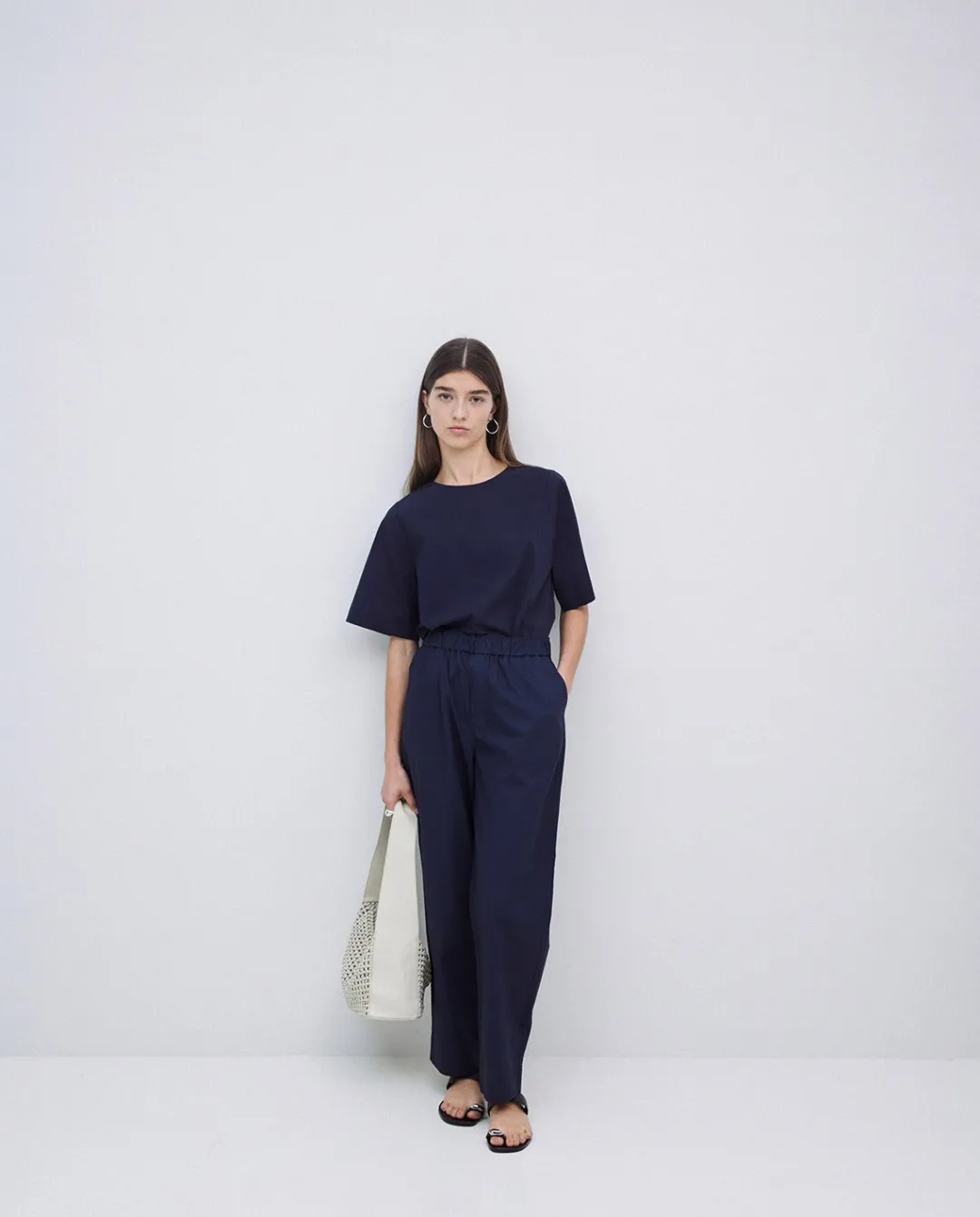 YERSE Pantalones rectos popelín azul oscuro Clearance