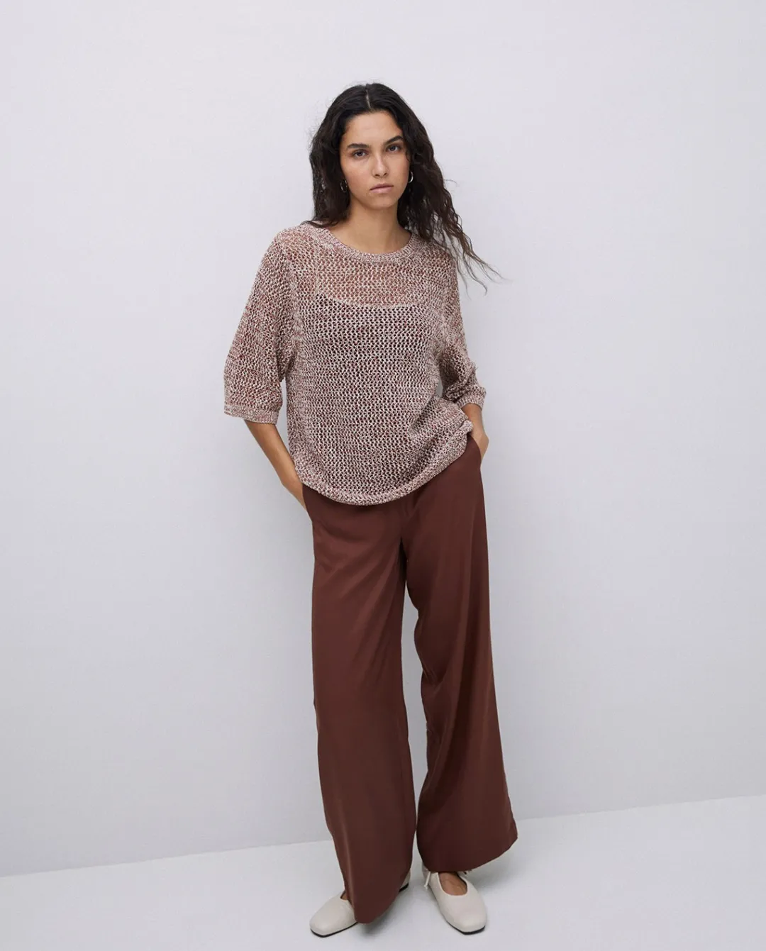 YERSE Pantalones wide leg tencel chocolate Outlet
