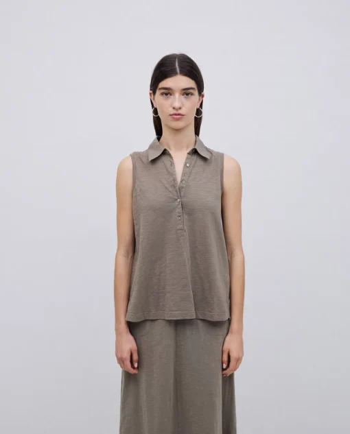 YERSE Top cuello polo botones caqui Online