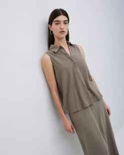 YERSE Top cuello polo botones caqui Online