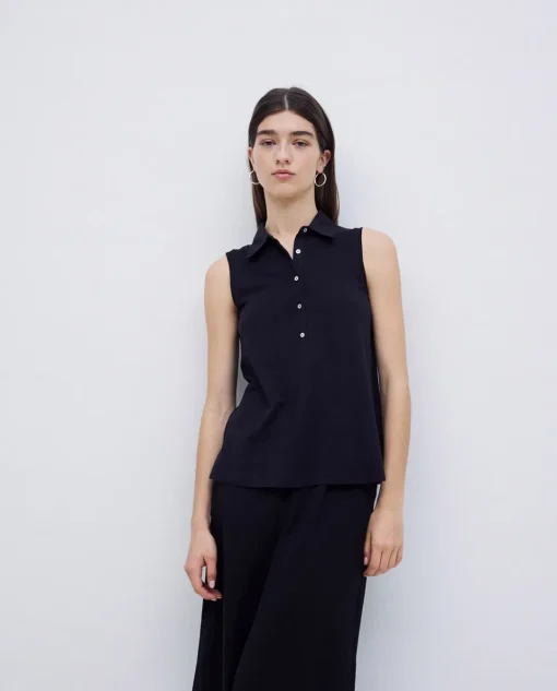 YERSE Top cuello polo botones negro Clearance