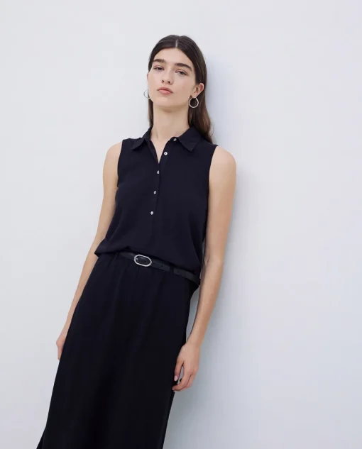 YERSE Top cuello polo botones negro Clearance