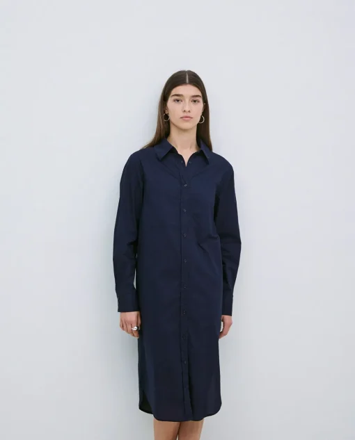 YERSE Vestido cuello camisero popelín azul oscuro Hot