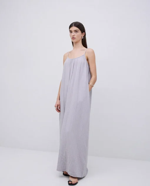 YERSE Vestido largo doble gasa gris New