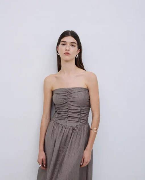 YERSE Vestido largo drapeado caqui Fashion
