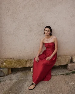 YERSE Vestido largo drapeado terracota Fashion
