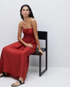 YERSE Vestido largo drapeado terracota Fashion