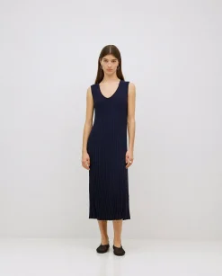 YERSE Vestido largo tirantes evasé azul oscuro New