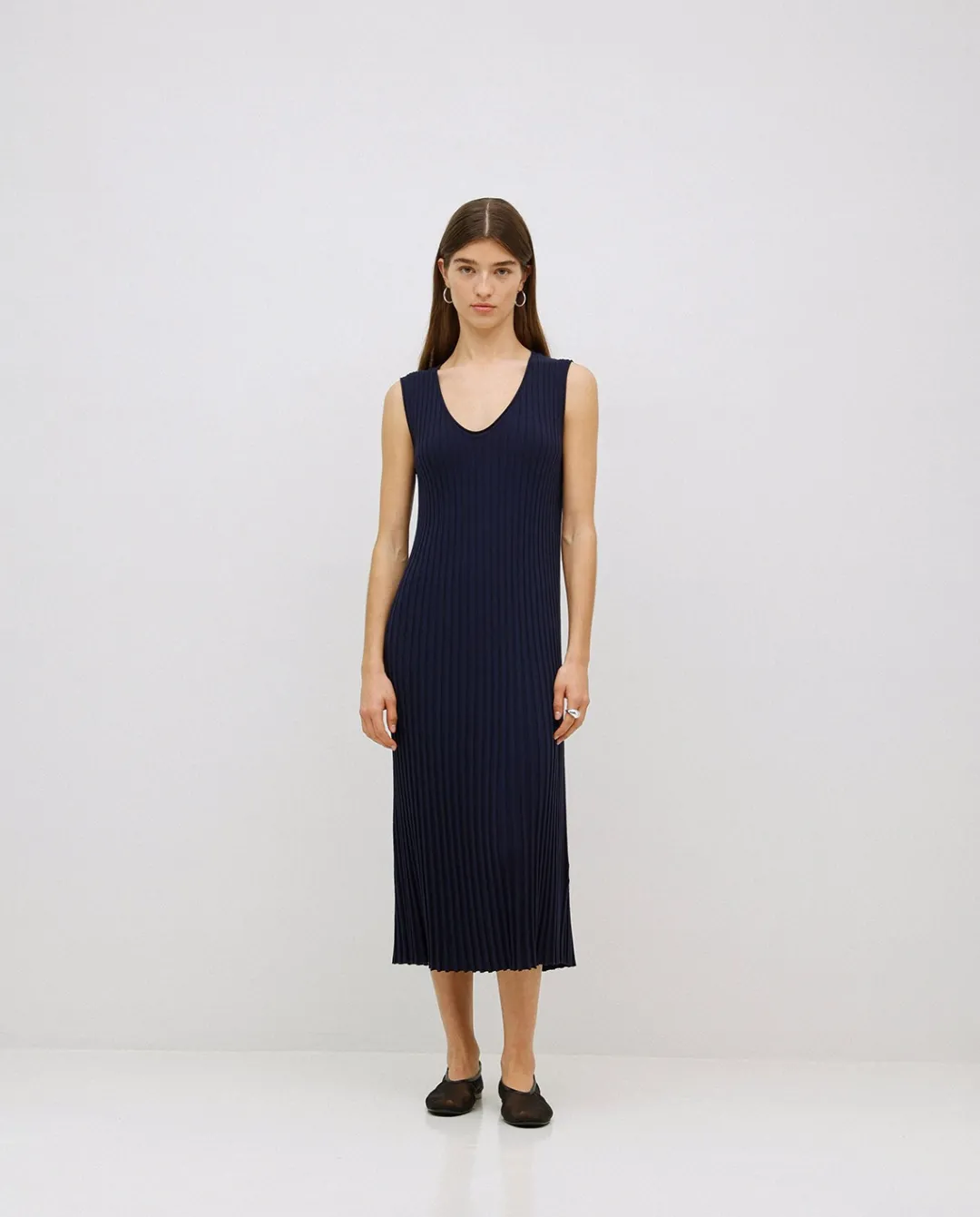 YERSE Vestido largo tirantes evasé azul oscuro New