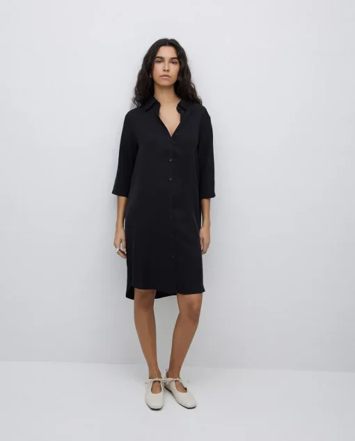 YERSE Vestido tencel cuello camisero negro Clearance