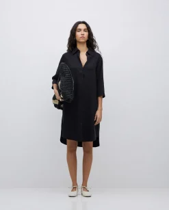 YERSE Vestido tencel cuello camisero negro Clearance